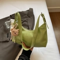 Grass green PU leather hobo bag with wide strap and cute brown plush bear pendant - With Charm / Green