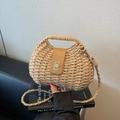 Sac bandoulière en paille avec lanière en cuir marron et fermoir doré pour la plage - Khaki