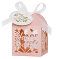 Pink laser-cut Happy Birthday favor box with white organza ribbon and round thank you tag - 5*5cm / Pink