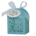 Light blue laser cut rose gift box with sheer ribbon and Thank You hang tag - Tiffany Blue / 5*5cm