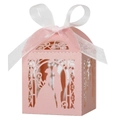 Detail of pink laser-cut wedding favor box with silhouette design and white ribbon bow - 5*5cm / Pink
