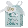 Close-up of light blue laser-cut Happy Birthday candy box with ribbon and thank you tag - 5*5cm / Pearl Pale Blue