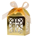 Elegant laser-cut silver mirror cross candy box with ribbon for wedding and baptism - Reflective Gold