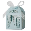 Detailed laser-cut hollow light blue wedding favor box with ribbon bow and silhouettes - 5*5cm / Pearl Pale Blue