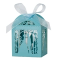 Close-up of laser-cut light blue wedding candy box with intricate floral patterns - 5*5cm / Tiffany Blue