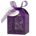 Detail of laser-cut purple gift box with rose pattern, ribbon and thank you tag - Deep purple / 5*5cm