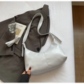 Minimalist white leather hobo shoulder bag with vertical stitching and silver hardware - No Pendant / Gray