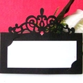 Elegant laser-cut hollow black table card with crown top and white insert for weddings - Black