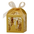 Detail of laser-cut gold wedding favor box with ribbon and bride and groom silhouette - 5*5cm / Gold