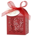 Detail of red laser-cut rose hollow favor box with Thank You tag and silk ribbon - Pearlescent Red / 5*5cm