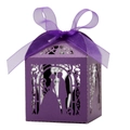 Laser-cut purple wedding favor box with ribbon bow and elegant couple silhouette - 5*5cm / Dark Purple