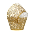 Golden glitter cupcake wrapper with intricate laser-cut vine pattern on white background - Gold