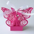 Peach pink laser-cut butterfly gift box with white satin ribbon for weddings - Pearlescent Rose Red with Ivory Ribbon