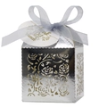 Silver laser-cut rose gift box with white organza ribbon and Thank You tag for parties - Reflective Silver / 5*5cm