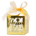 Golden laser-cut Happy Birthday candy box with ribbon and thank you tag for party gift - Reflective Gold