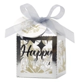 Silver laser-cut Happy Birthday candy box with blue ribbon and Thank You tag for parties - Reflective Silver