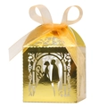 Golden laser-cut wedding candy box with bride and groom silhouette and ribbon - 5*5cm / Reflective Gold