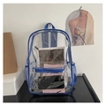 Detailansicht eines transparenten PVC-Rucksacks mit blauem Rand und Netztaschen - Blau