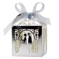 Laser-cut silver wedding candy box with bride and groom silhouette and blue ribbon bow - 5*5cm / Reflective Silver