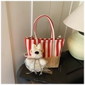 Sac à main en toile rayée et paille avec un joli pendentif ours en peluche rouge et blanc - Rouge (Avec Pendentif)