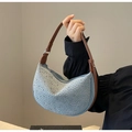 Sac croissant en jean bleu clair style Y2K avec strass brillants et bandoulière marron - Strass Bleu Clair