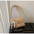 Glossy beige rectangular shoulder bag with ribbon bow and mirror finish texture - Khaki with Pendant