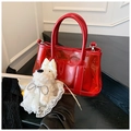 Red transparent PVC bucket bag with inner pouch and cute plush dog charm accessory - Red with Pendant