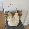 Beige sunflower crochet tote bag with brown leather straps for beach holidays - Off White