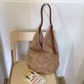 Khaki cotton crochet sunflower shoulder bag with adjustable brown leather strap - Khaki