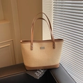 Borsa tote in paglia intrecciata beige con finiture in pelle marrone e placca in metallo - Cachi