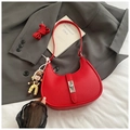 Vintage red dumpling hobo bag with lychee pattern leather and pearl doll charm - Red with Pendant