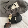 Retro black leather crescent hobo bag with silver lock and cute doll pendant accessory - Black with Pendant