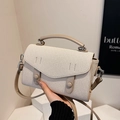 Elegant cream fabric small square handbag with brown leather straps and metal buckles - Beige