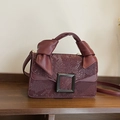 Vintage dark burgundy faux snakeskin handbag with elegant knot handle and metal buckle - Burgundy