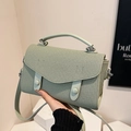 Light green woven flap square bag with silver hardware and top handle for women - Green