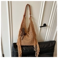 Detail of hollow knit texture and long tassels on beige bohemian shoulder bag - With Pendant / Khaki