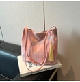 Pink satin bucket bag with Chinese landscape embroidery and yellow tassel charm - Pink with Pendant / Pink