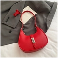 Minimalist red crescent shoulder bag in pebble leather with adjustable crossbody strap - Red (No Pendant)