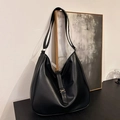 Large black matte leather hobo tote bag with gold triumph buckle for daily commute - Black