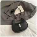 Black pebbled leather half-moon shoulder bag with silver turn-lock and adjustable strap - Black without Pendant