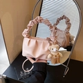 Chic pink pleated handbag for women with cute bear pendant and a matching shoulder strap - Pink with Pendant