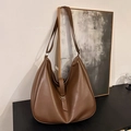 Large dark brown matte leather tote bag with metal buckle detail in minimalist style - Brown