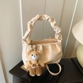 Chic beige pleated underarm bag with a cute teddy bear charm and ruffled handle - White with Pendant