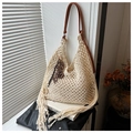 Handmade cream crochet shoulder bag with brown leather straps and side fringe details - With Pendant / White
