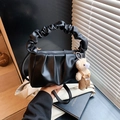 Minimalist black pleated shoulder bag with cute teddy bear charm for women - Black with Pendant