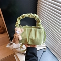 Light green pleated shoulder bag with matching scrunchie handle and cute bear charm - Green with Pendant