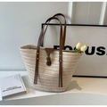 Beige straw woven tote bag featuring brown leather shoulder straps and fringe detail - Off-white