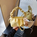 Pale yellow pleated cloud handbag with cute teddy bear charm and adjustable shoulder strap - Yellow with Pendant