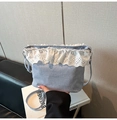 Blue and white striped crossbody bag featuring decorative white lace trim and drawstring - Blue Stripe