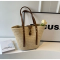 Straw tote bag in beige with dark brown leather straps and tassel detail - Khaki